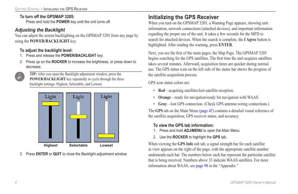 Adjusting the backlight, Initializing the gps receiver | Garmin GPSMAP 3205 User Manual | Page 12 / 126