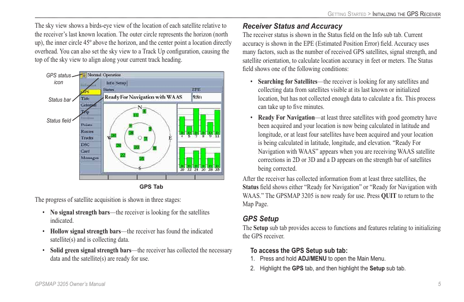 Receiver status and accuracy, Gps setup | Garmin GPSMAP 3205 User Manual | Page 13 / 126