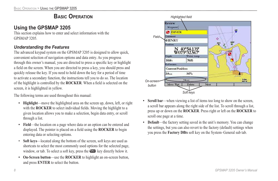 Basic operation, Using the gpsmap 3205, Understanding the features | Garmin GPSMAP 3205 User Manual | Page 16 / 126