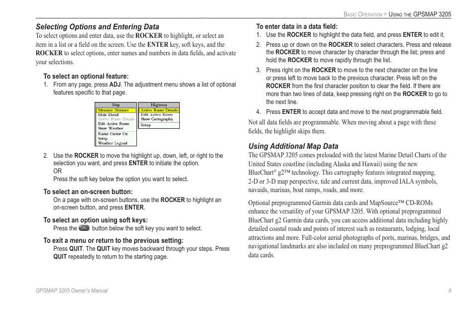 Selecting options and entering data, Using additional map data | Garmin GPSMAP 3205 User Manual | Page 17 / 126