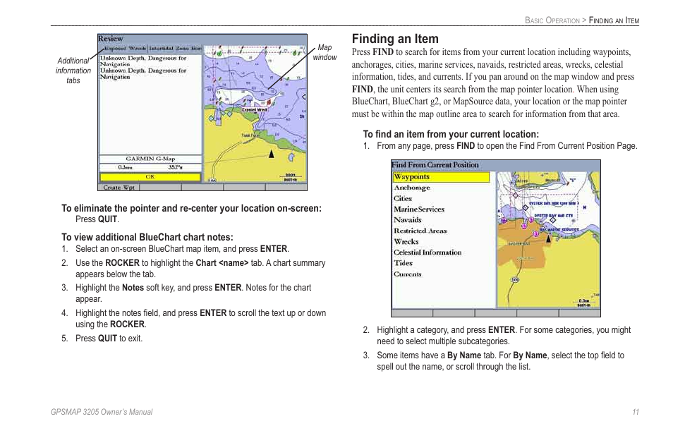 Finding an item | Garmin GPSMAP 3205 User Manual | Page 19 / 126