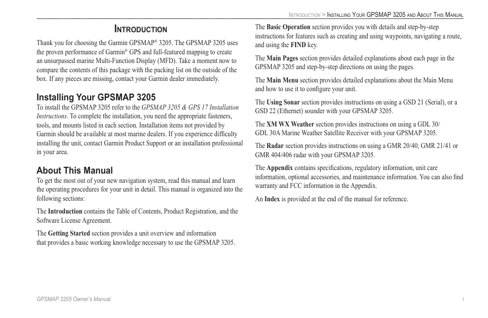 Introduction, Installing your gpsmap 3205, About this manual | Garmin GPSMAP 3205 User Manual | Page 3 / 126