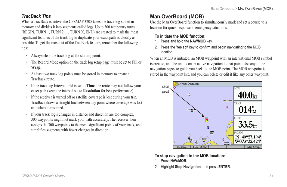 Tracback tips, Man overboard (mob) | Garmin GPSMAP 3205 User Manual | Page 31 / 126