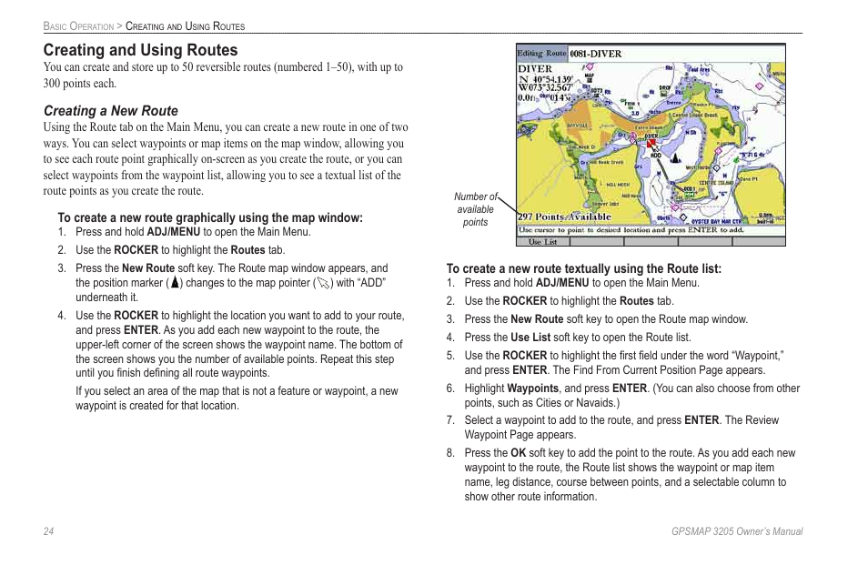 Creating and using routes, Creating a new route | Garmin GPSMAP 3205 User Manual | Page 32 / 126