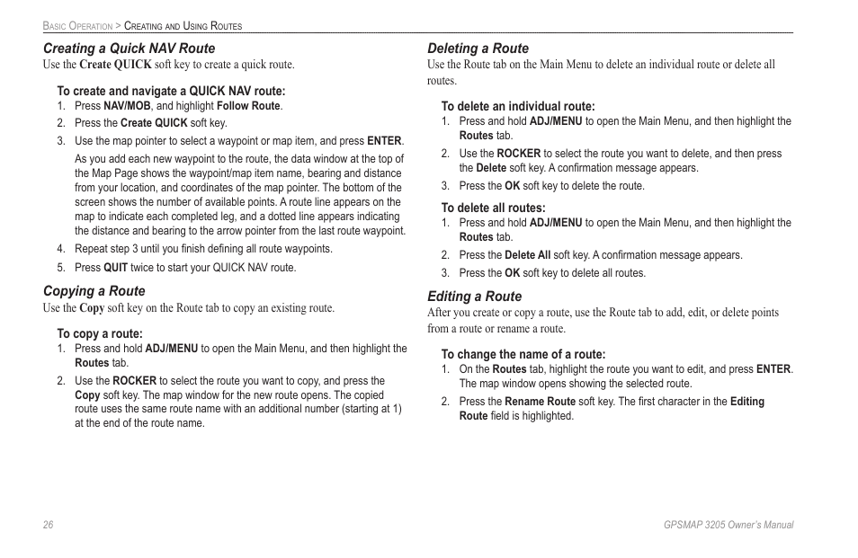 Creating a quick nav route, Copying a route, Deleting a route | Editing a route | Garmin GPSMAP 3205 User Manual | Page 34 / 126