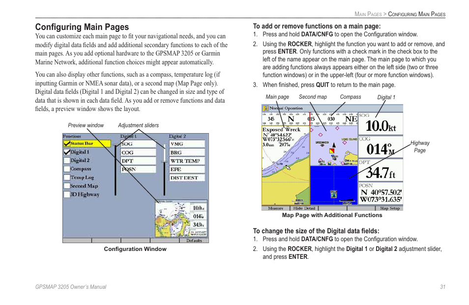 Configuring main pages | Garmin GPSMAP 3205 User Manual | Page 39 / 126