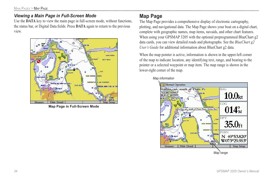 Map page, Viewing a main page in full-screen mode | Garmin GPSMAP 3205 User Manual | Page 42 / 126