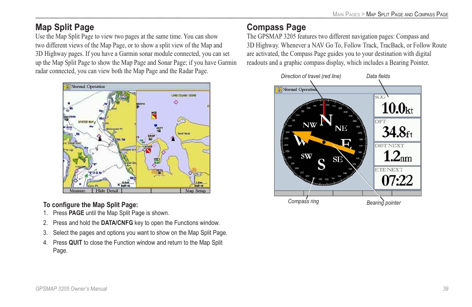 Map split page, Compass page | Garmin GPSMAP 3205 User Manual | Page 47 / 126