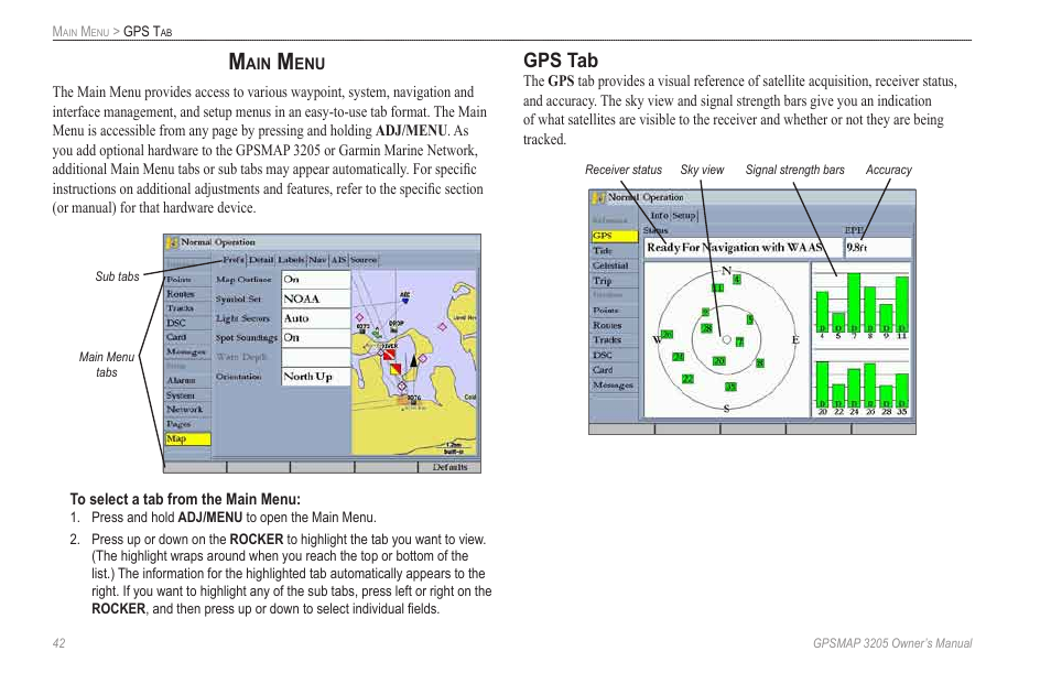 Main menu, Gps tab | Garmin GPSMAP 3205 User Manual | Page 50 / 126