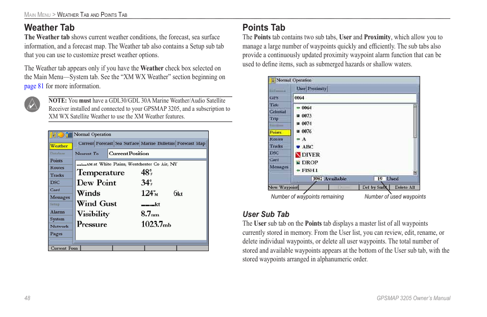 Weather tab, Points tab, User sub tab | Garmin GPSMAP 3205 User Manual | Page 56 / 126