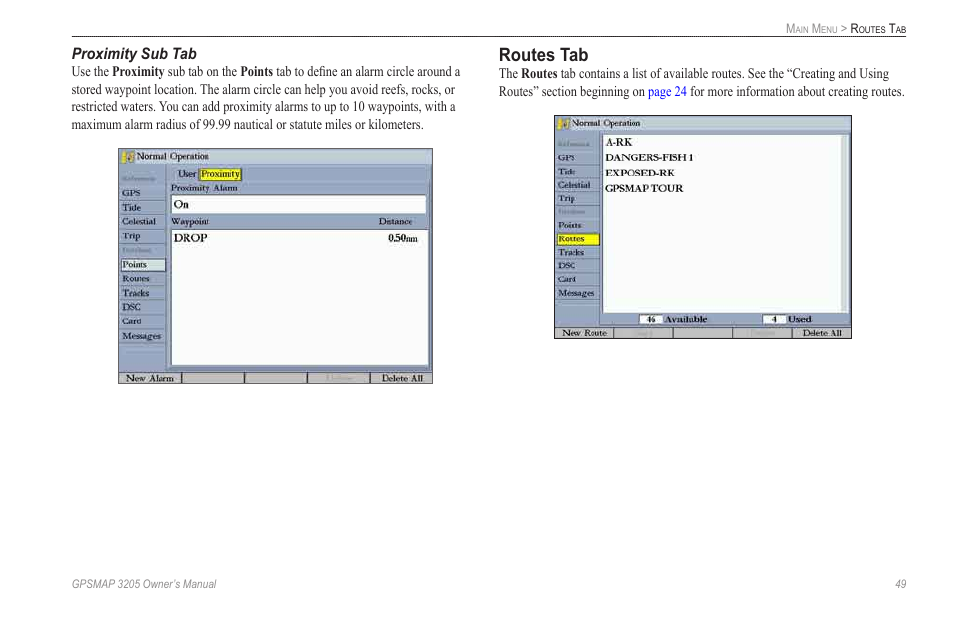 Routes tab, Proximity sub tab | Garmin GPSMAP 3205 User Manual | Page 57 / 126