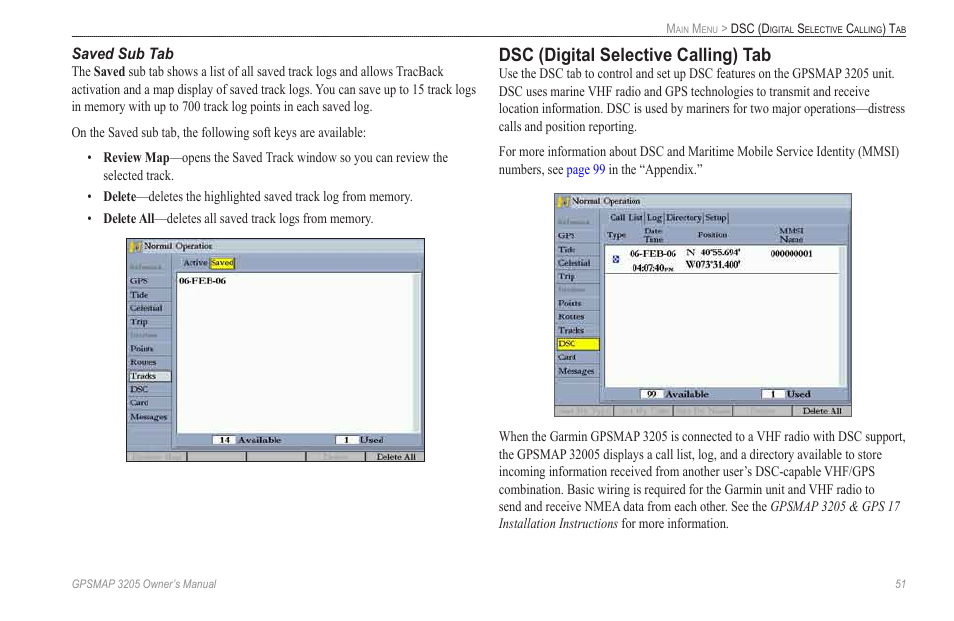 Dsc (digital selective calling) tab | Garmin GPSMAP 3205 User Manual | Page 59 / 126