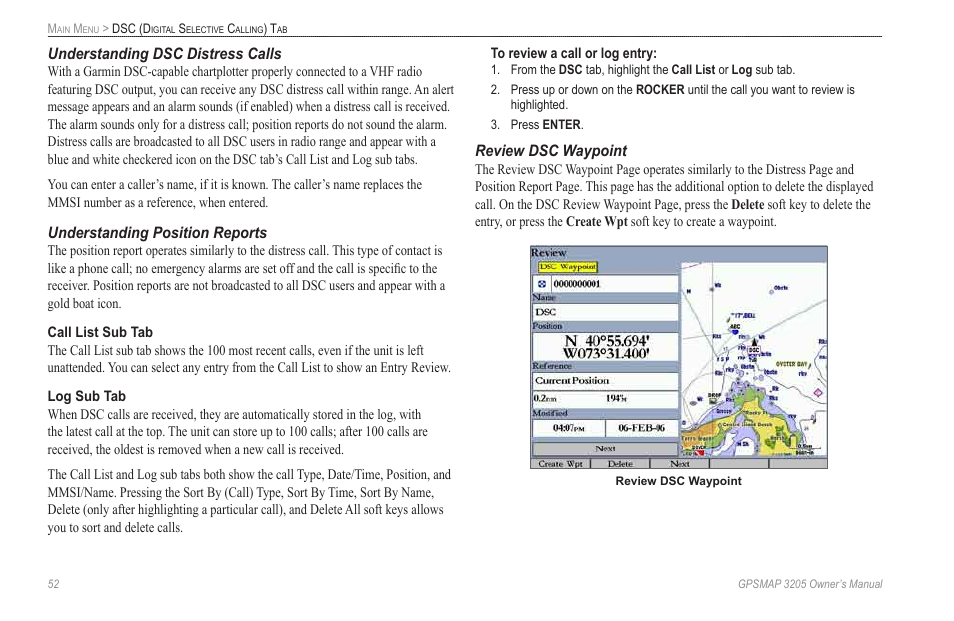 Understanding dsc distress calls, Understanding position reports, Review dsc waypoint | Garmin GPSMAP 3205 User Manual | Page 60 / 126