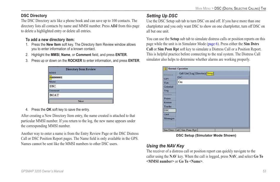Setting up dsc, Using the nav key | Garmin GPSMAP 3205 User Manual | Page 61 / 126