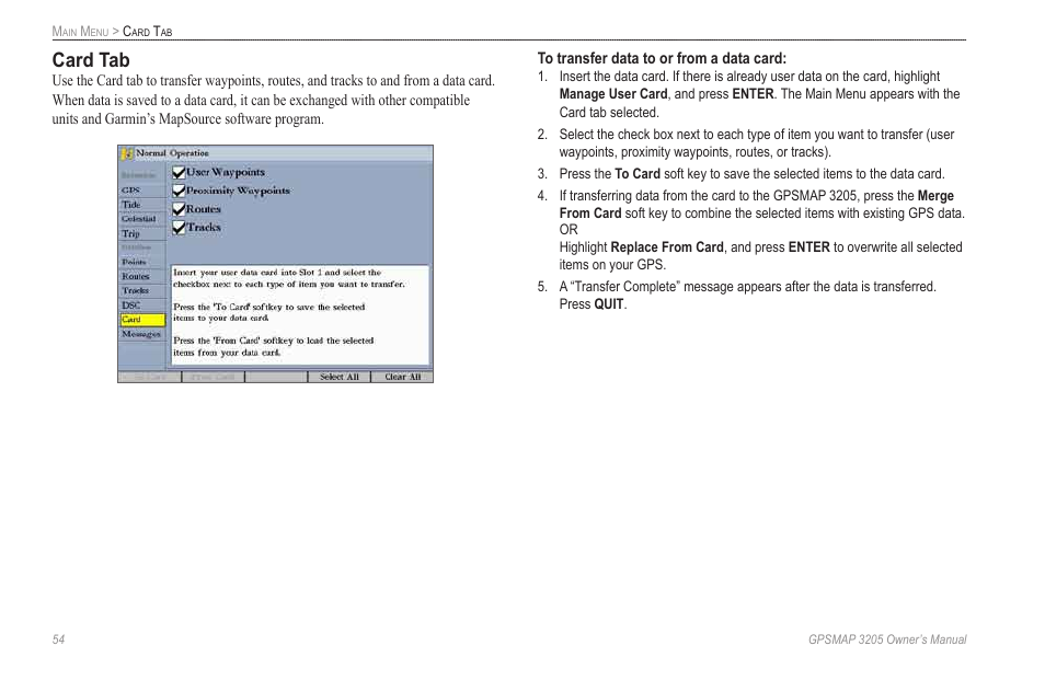 Card tab | Garmin GPSMAP 3205 User Manual | Page 62 / 126