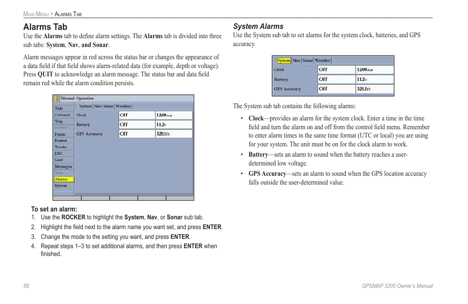 Alarms tab, System alarms | Garmin GPSMAP 3205 User Manual | Page 64 / 126