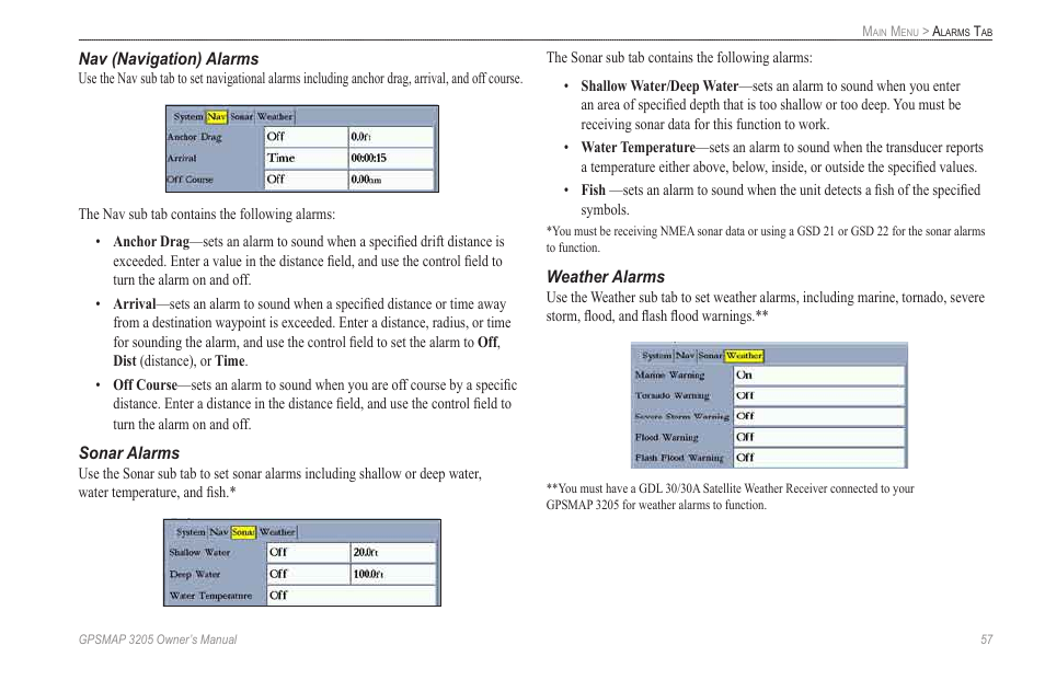 Nav (navigation) alarms, Sonar alarms, Weather alarms | Garmin GPSMAP 3205 User Manual | Page 65 / 126