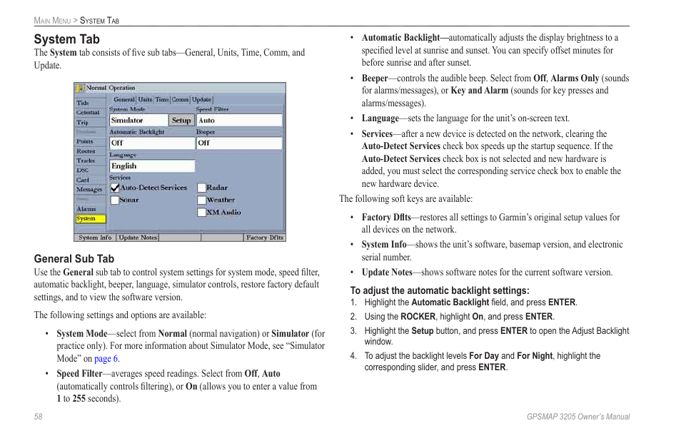 System tab | Garmin GPSMAP 3205 User Manual | Page 66 / 126