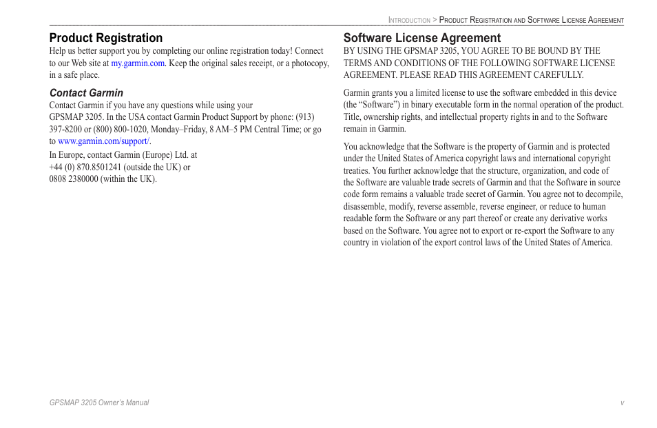 Product registration, Contact garmin, Software license agreement | Garmin GPSMAP 3205 User Manual | Page 7 / 126