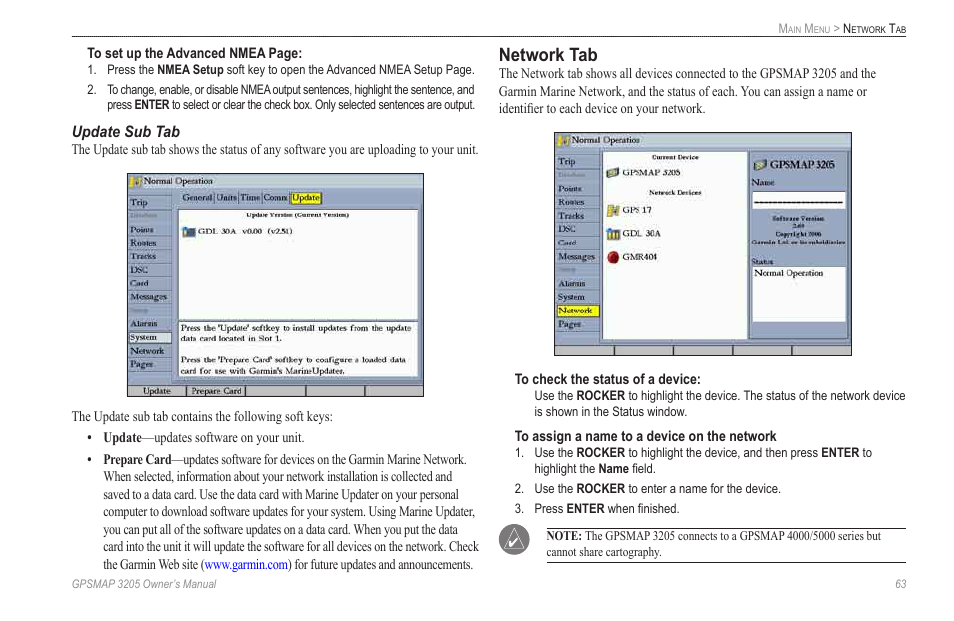 Update sub tab, Network tab | Garmin GPSMAP 3205 User Manual | Page 71 / 126
