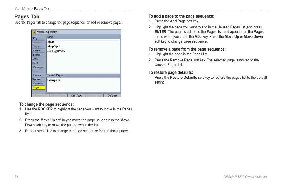 Pages tab | Garmin GPSMAP 3205 User Manual | Page 72 / 126