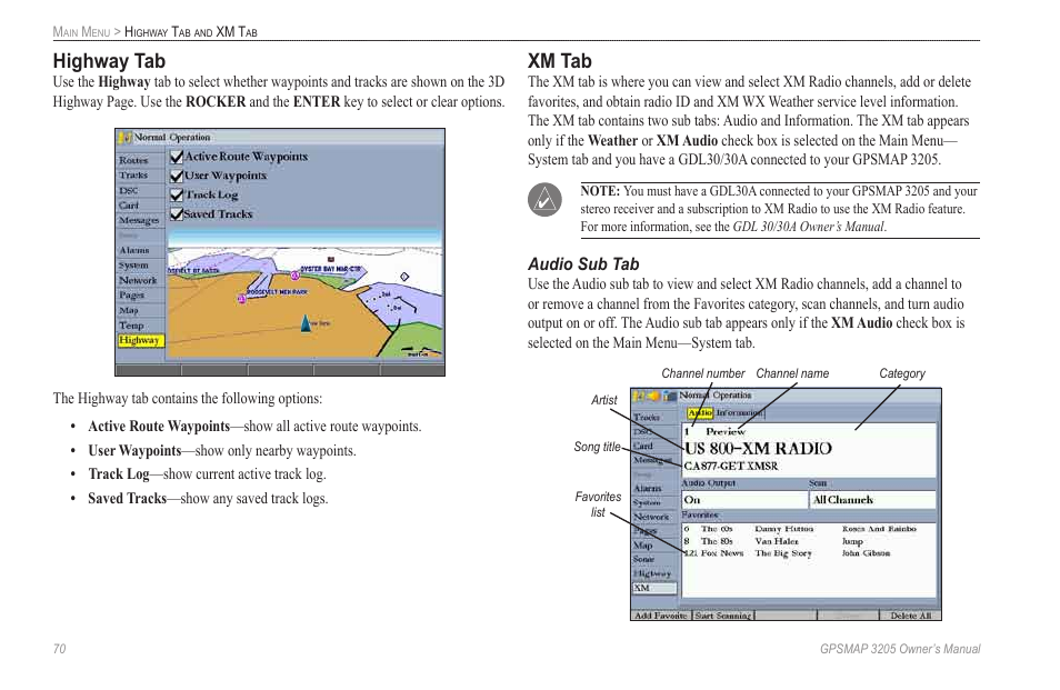 Highway tab, Xm tab, Audio sub tab | Garmin GPSMAP 3205 User Manual | Page 78 / 126