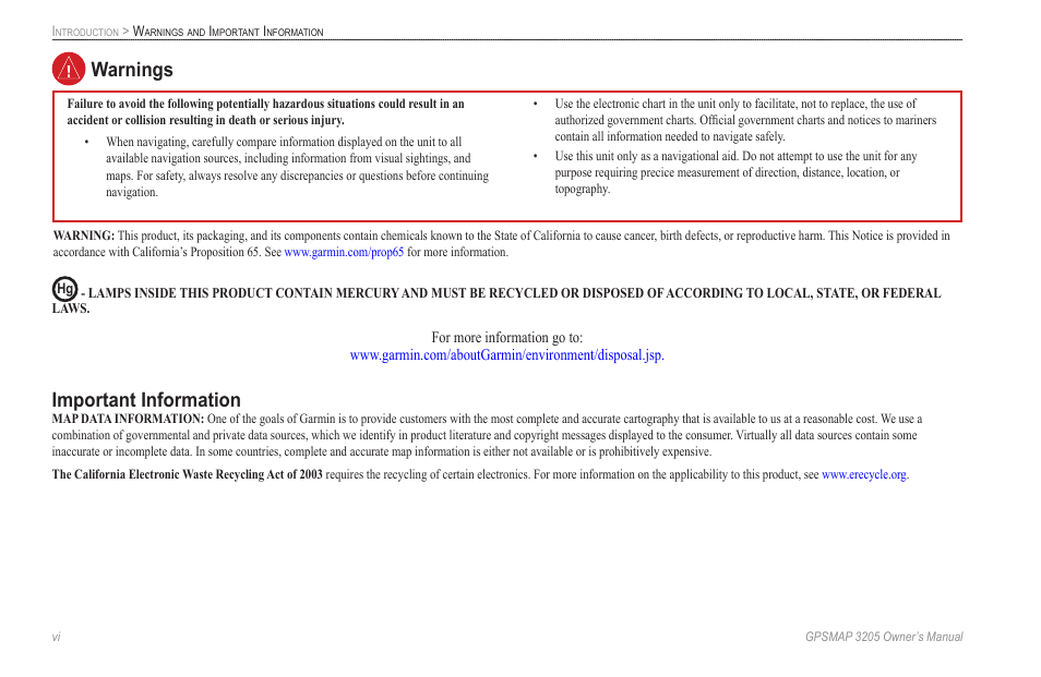 Warnings, Important information, Warnings important information | Garmin GPSMAP 3205 User Manual | Page 8 / 126