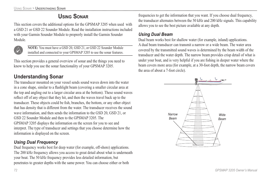 Using sonar, Understanding sonar, Using dual frequency | Using dual beam | Garmin GPSMAP 3205 User Manual | Page 80 / 126