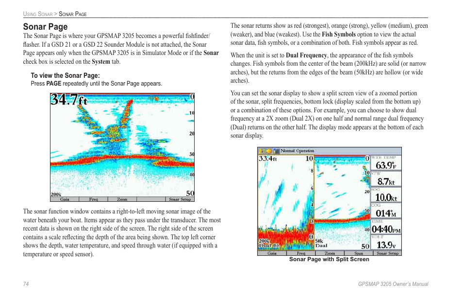 Sonar page | Garmin GPSMAP 3205 User Manual | Page 82 / 126