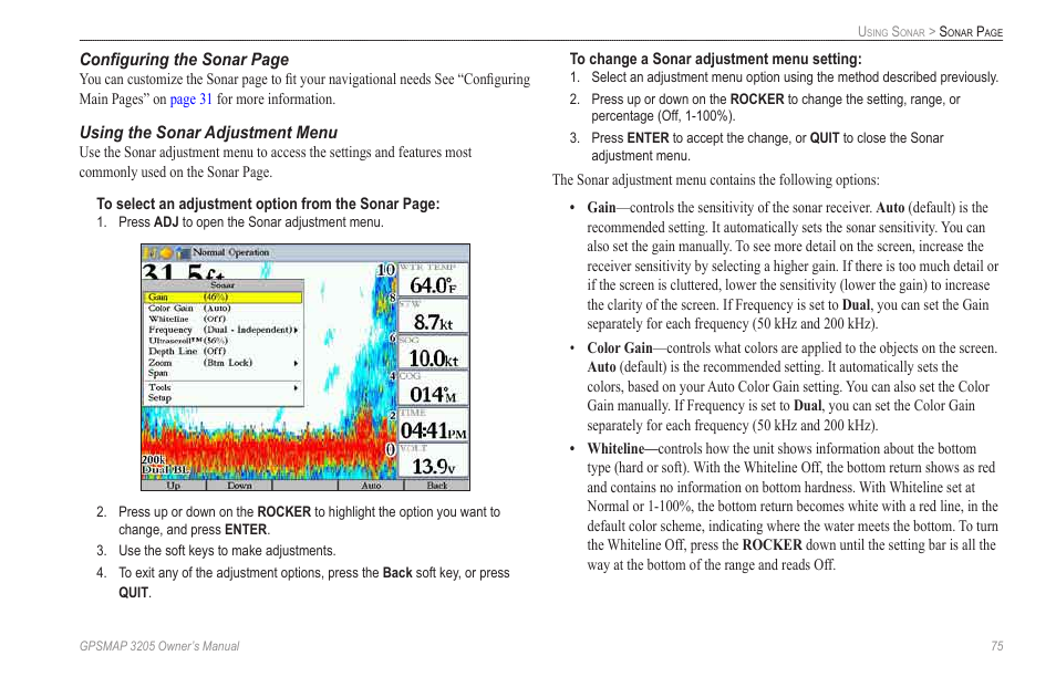 Using the sonar adjustment menu | Garmin GPSMAP 3205 User Manual | Page 83 / 126