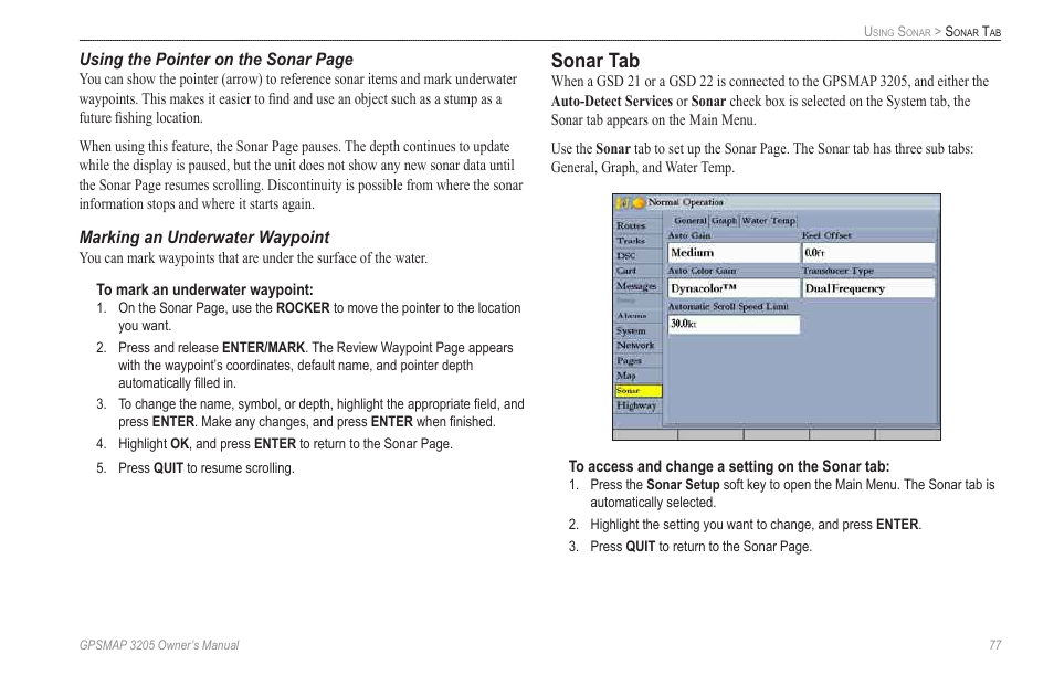 Marking an underwater waypoint, Sonar tab | Garmin GPSMAP 3205 User Manual | Page 85 / 126