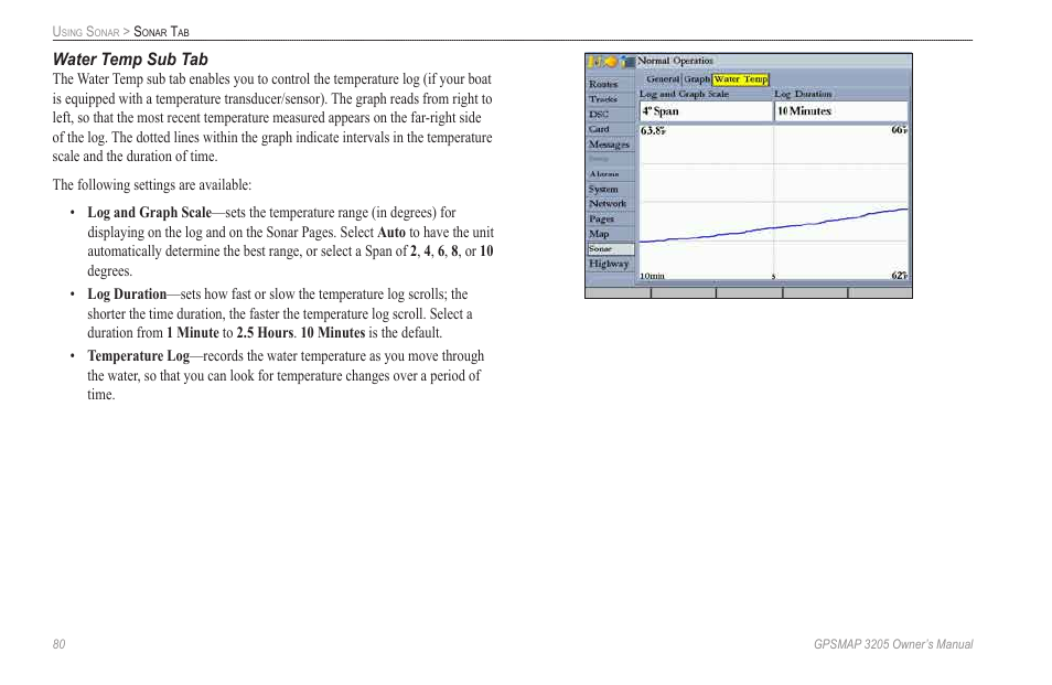 Water temp sub tab | Garmin GPSMAP 3205 User Manual | Page 88 / 126