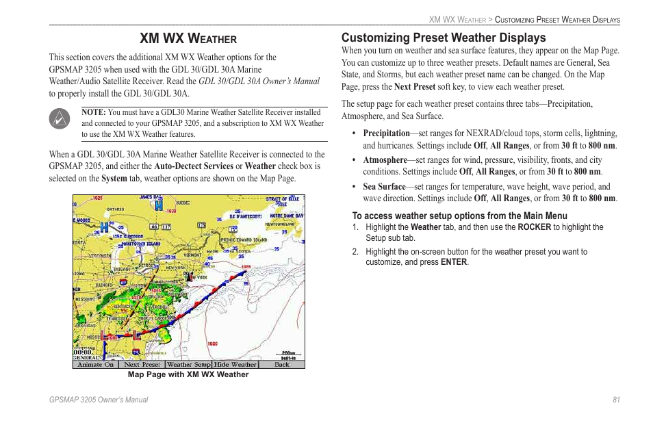Xm wx weather, Customizing preset weather displays, Xm wx w | Garmin GPSMAP 3205 User Manual | Page 89 / 126