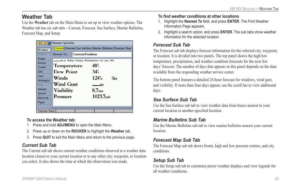 Weather tab, Marine bulletins sub tab | Garmin GPSMAP 3205 User Manual | Page 91 / 126