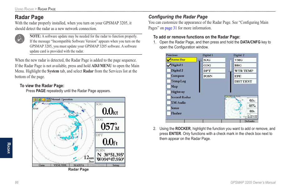 Radar page | Garmin GPSMAP 3205 User Manual | Page 94 / 126