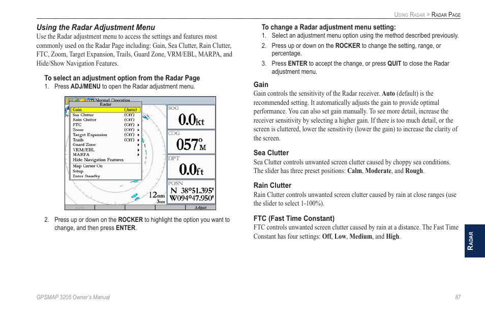 Using the radar adjustment menu | Garmin GPSMAP 3205 User Manual | Page 95 / 126