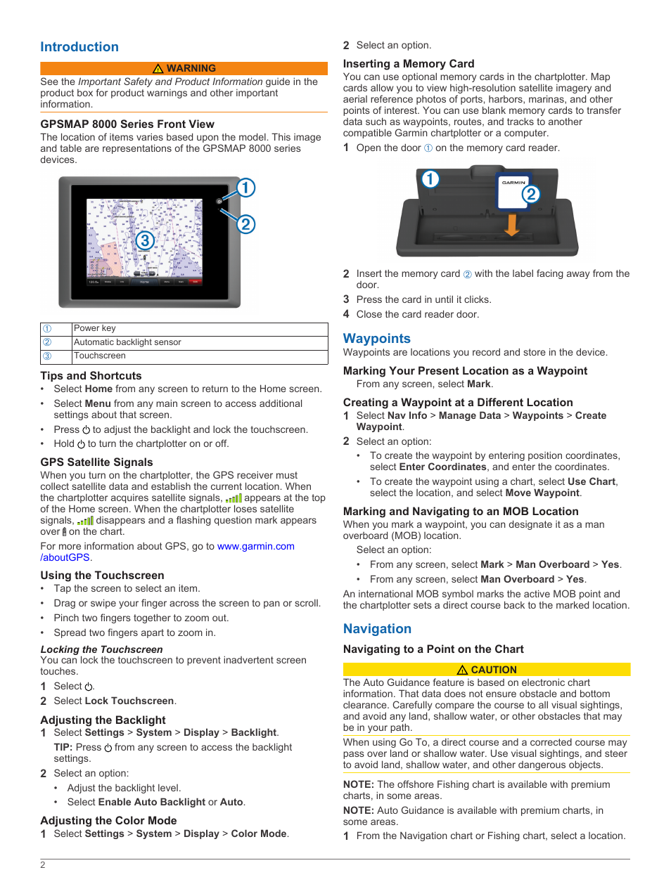 Introduction, Gpsmap 8000 series front view, Tips and shortcuts | Gps satellite signals, Using the touchscreen, Locking the touchscreen, Adjusting the backlight, Adjusting the color mode, Inserting a memory card, Waypoints | Garmin GPSMAP 8530 Black Box User Manual | Page 2 / 4