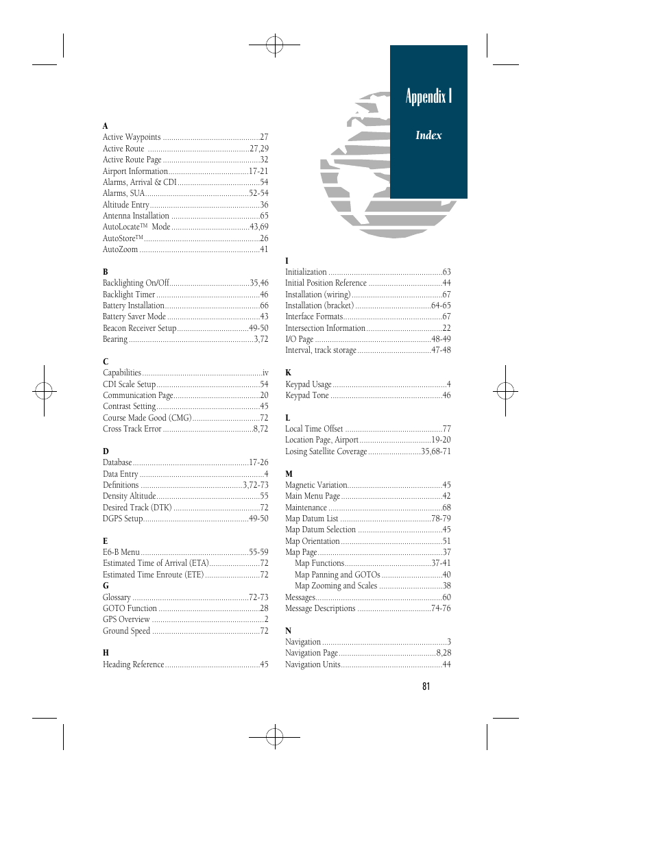 Appendix i, Index | Garmin GPS 90 User Manual | Page 89 / 92