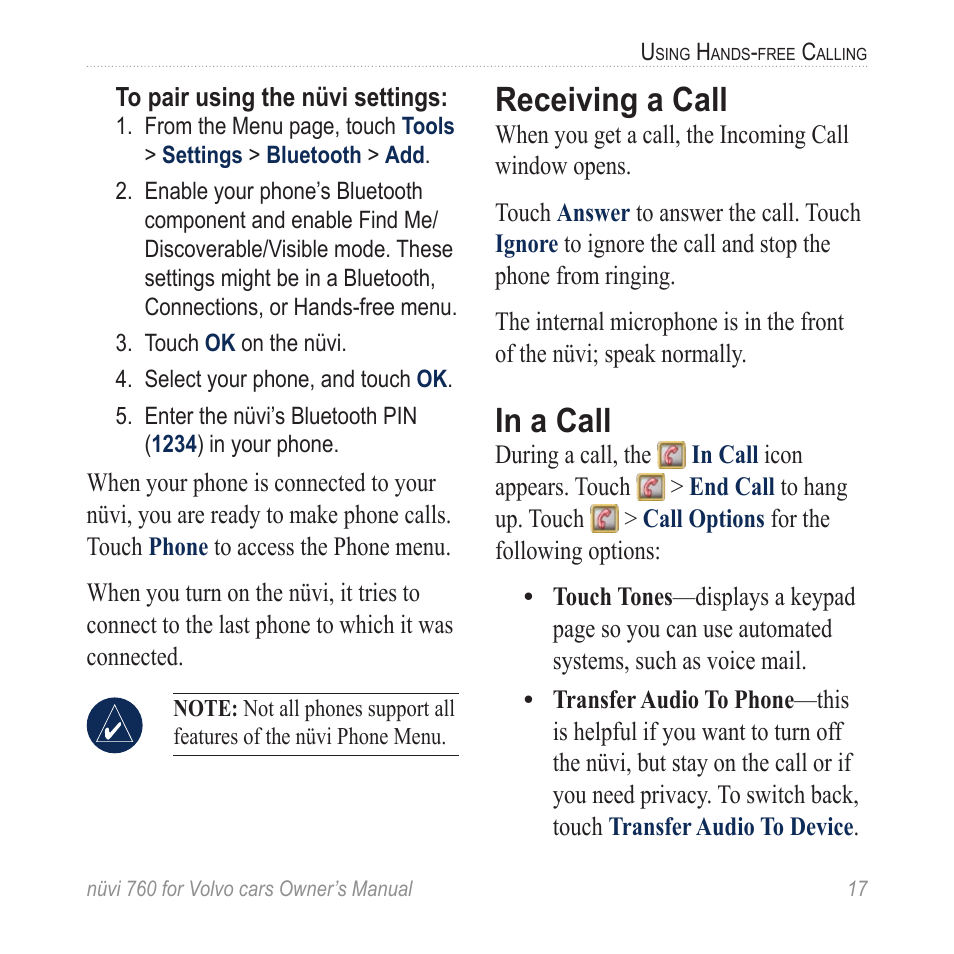 Receiving a call, In a call | Garmin nuvi 760 for Volvo cars User Manual | Page 23 / 56