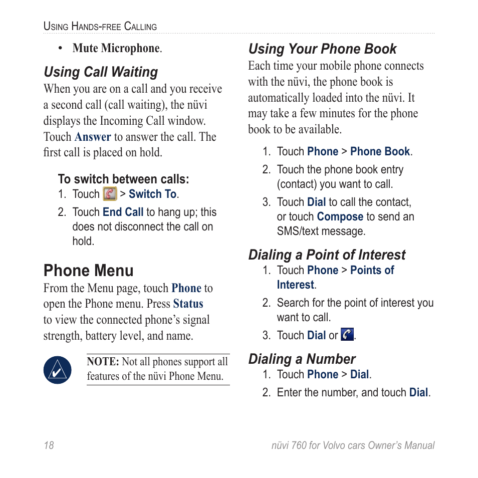 Phone menu, Using call waiting, Using your phone book | Dialing a point of interest, Dialing a number | Garmin nuvi 760 for Volvo cars User Manual | Page 24 / 56