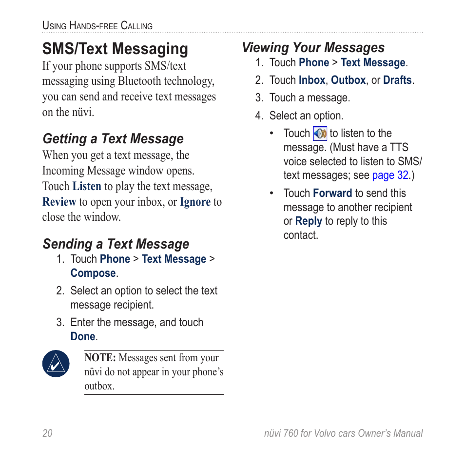 Sms/text messaging, Getting a text message, Sending a text message | Viewing your messages | Garmin nuvi 760 for Volvo cars User Manual | Page 26 / 56