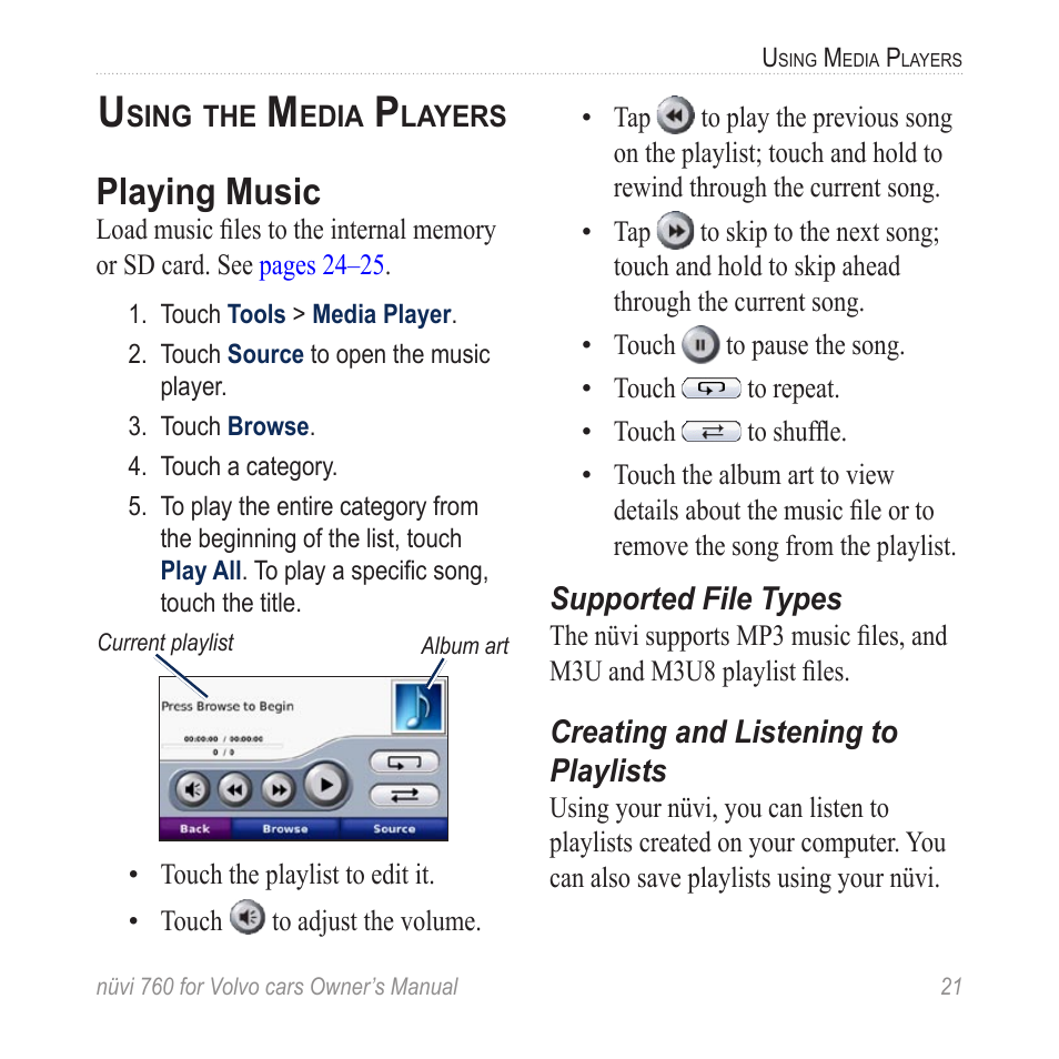 Using the media players, Playing music | Garmin nuvi 760 for Volvo cars User Manual | Page 27 / 56