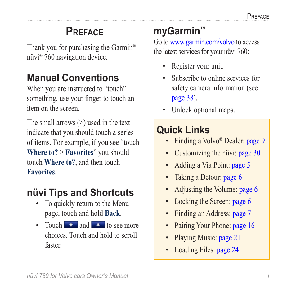 Preface, Manual conventions, Nüvi tips and shortcuts | Mygarmin, Quick links | Garmin nuvi 760 for Volvo cars User Manual | Page 3 / 56