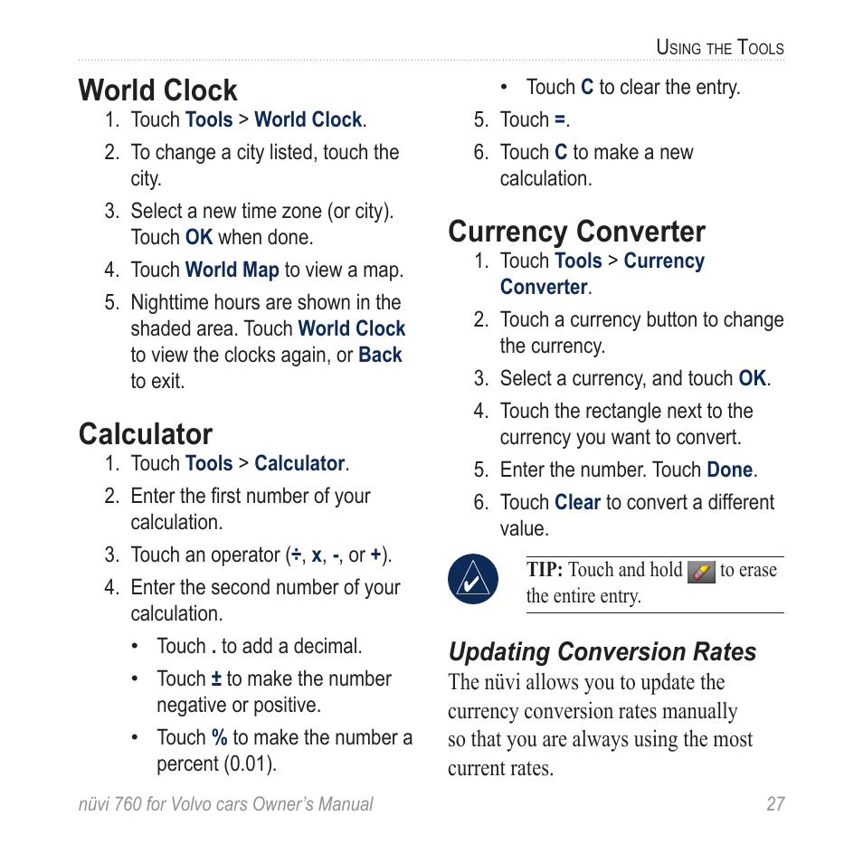 World clock, Calculator, Currency converter | Updating conversion rates | Garmin nuvi 760 for Volvo cars User Manual | Page 33 / 56