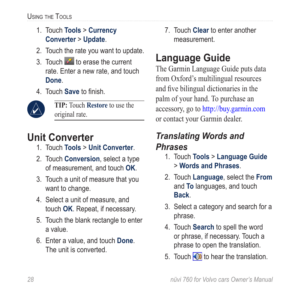 Unit converter, Language guide, Translating words and phrases | Garmin nuvi 760 for Volvo cars User Manual | Page 34 / 56