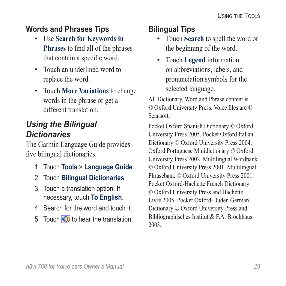 Using the bilingual dictionaries | Garmin nuvi 760 for Volvo cars User Manual | Page 35 / 56