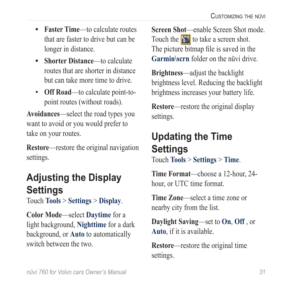 Adjusting the display settings, Updating the time settings | Garmin nuvi 760 for Volvo cars User Manual | Page 37 / 56