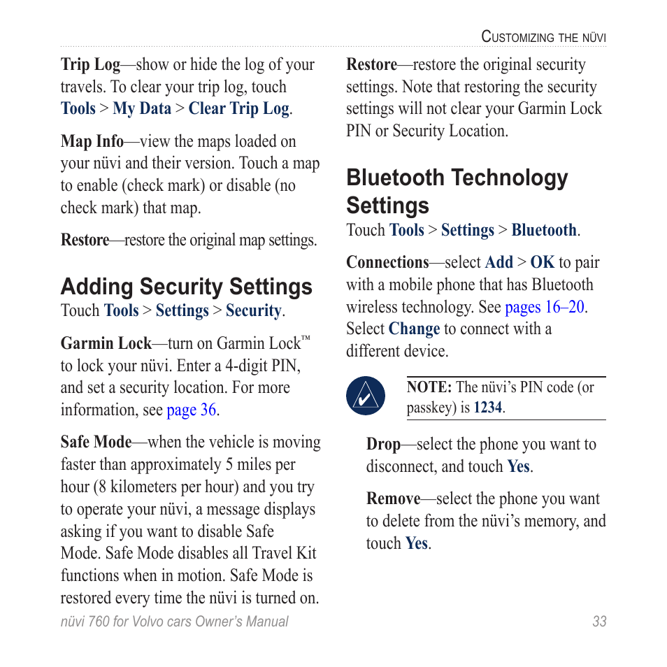 Adding security settings, Bluetooth technology settings | Garmin nuvi 760 for Volvo cars User Manual | Page 39 / 56