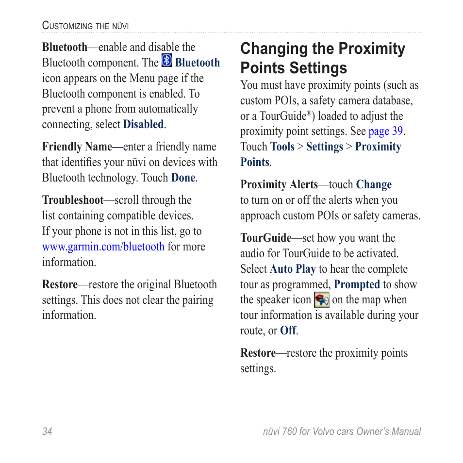 Changing the proximity points settings, Changing the proximity, Points settings | Garmin nuvi 760 for Volvo cars User Manual | Page 40 / 56