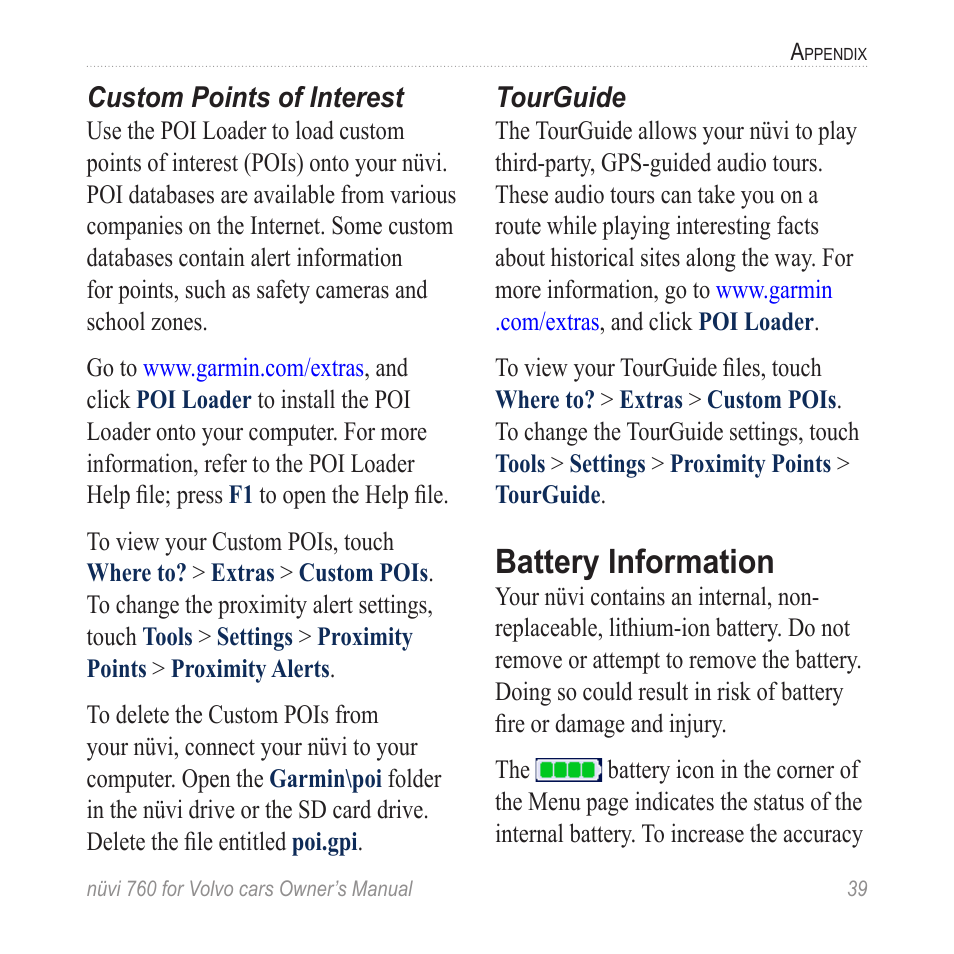 Battery information | Garmin nuvi 760 for Volvo cars User Manual | Page 45 / 56